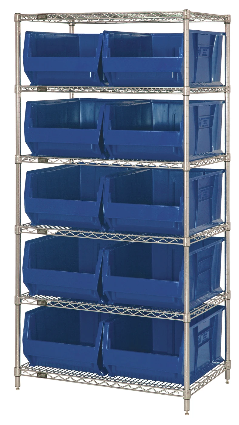 Quantum WR6-957BL Bin Wire Shelving System, 48"W x 24"D x 74"H, 800 lb capacity, Chrome