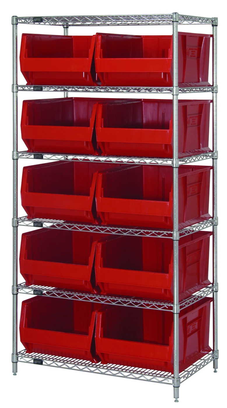 Quantum WR6-957RD Bin Wire Shelving System, 48"W x 24"D x 74"H, 800 lb capacity, Chrome