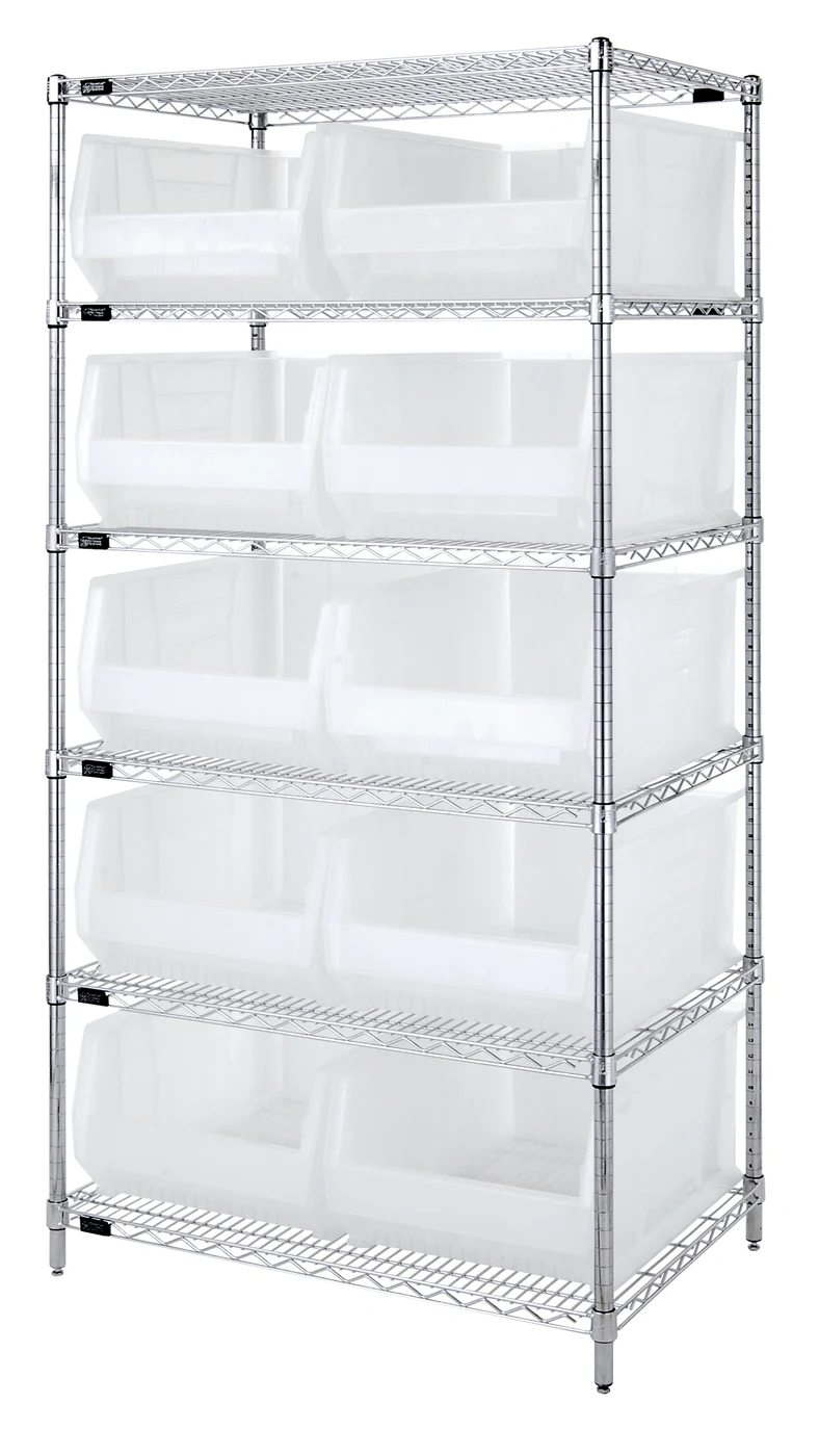 Quantum WR6-957CL Bin Wire Shelving System, 48"W x 24"D x 74"H, 800 lb capacity, Chrome