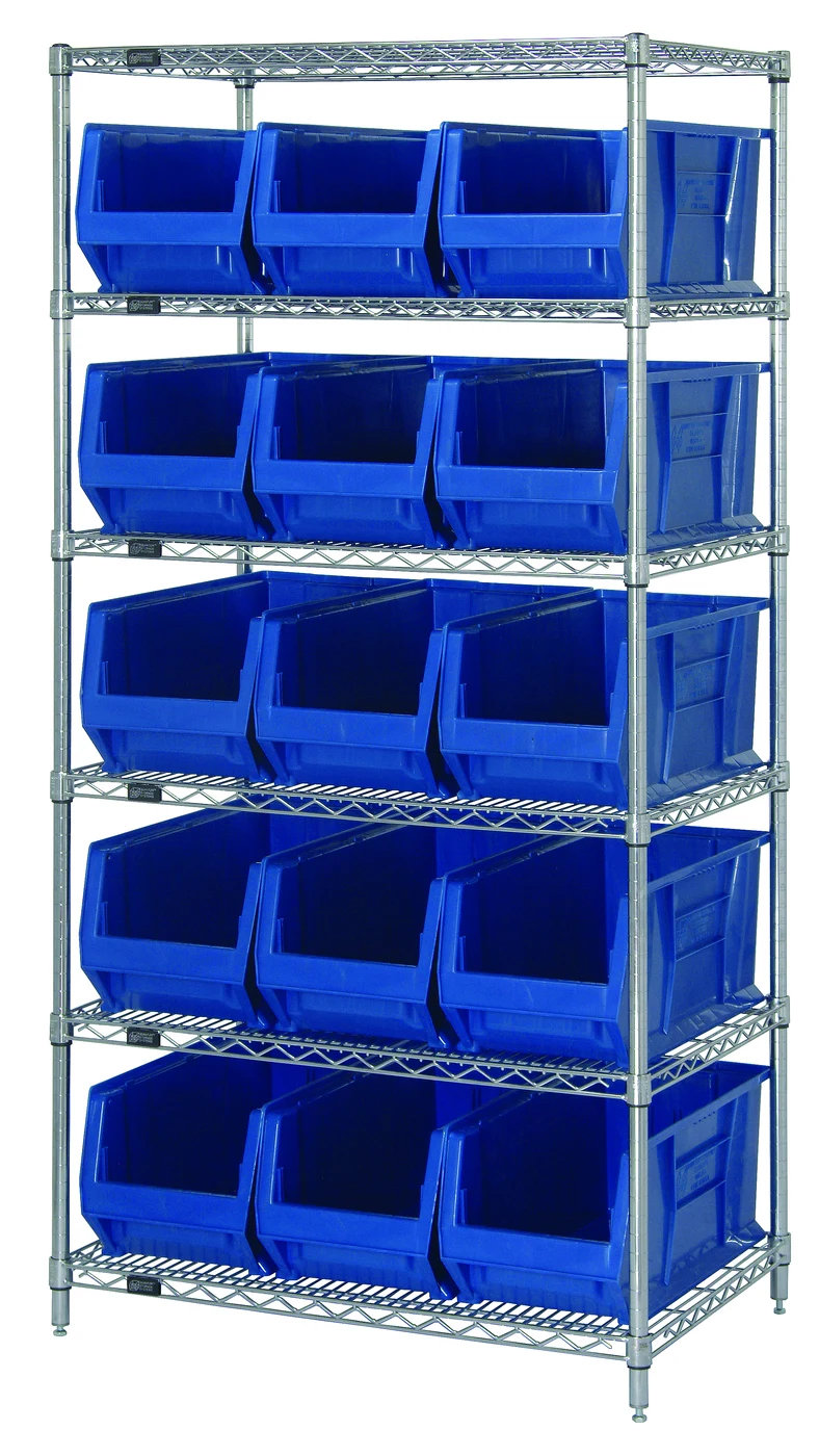 Quantum WR6-973BL Bin Wire Shelving System, 36"W x 30"D x 74"H, 700 lb capacity, Chrome