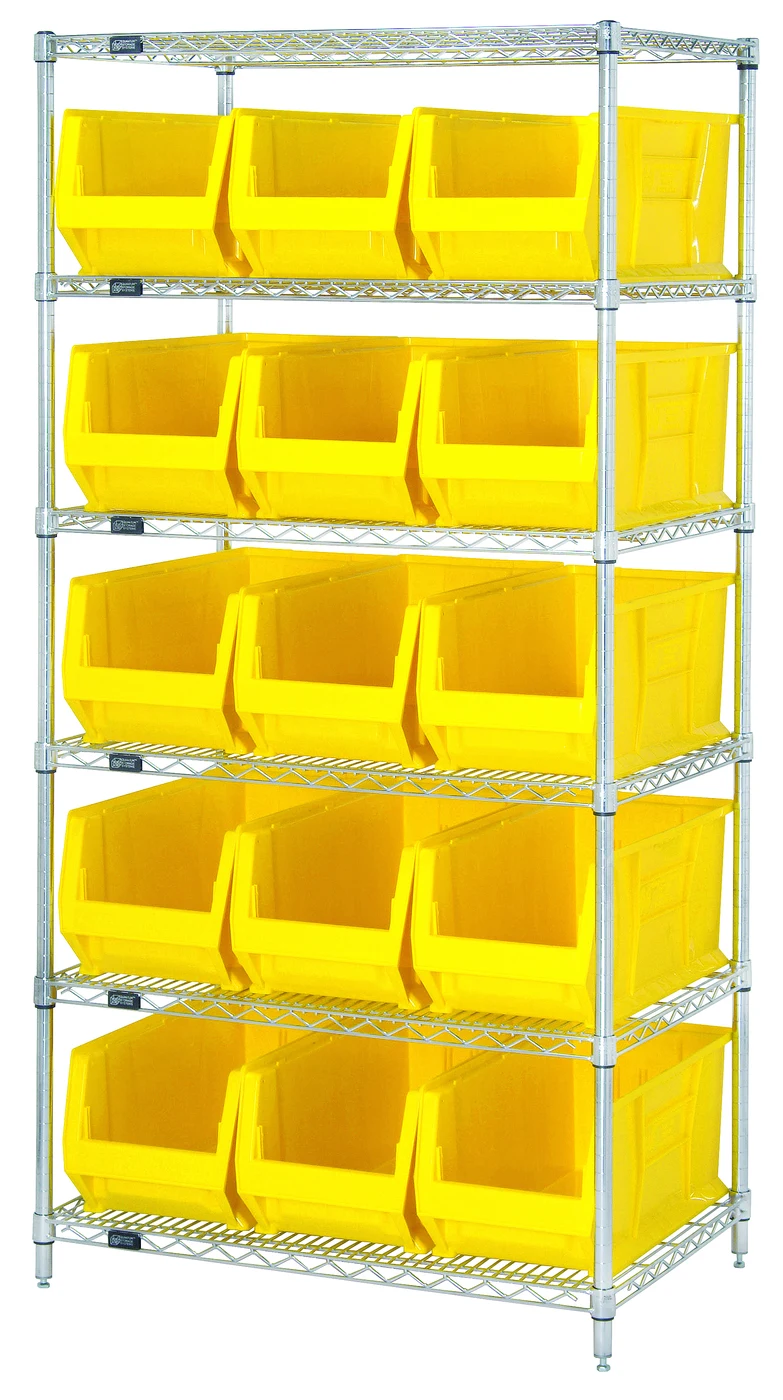 Quantum WR6-973YL Bin Wire Shelving System, 36"W x 30"D x 74"H, 700 lb capacity, Chrome
