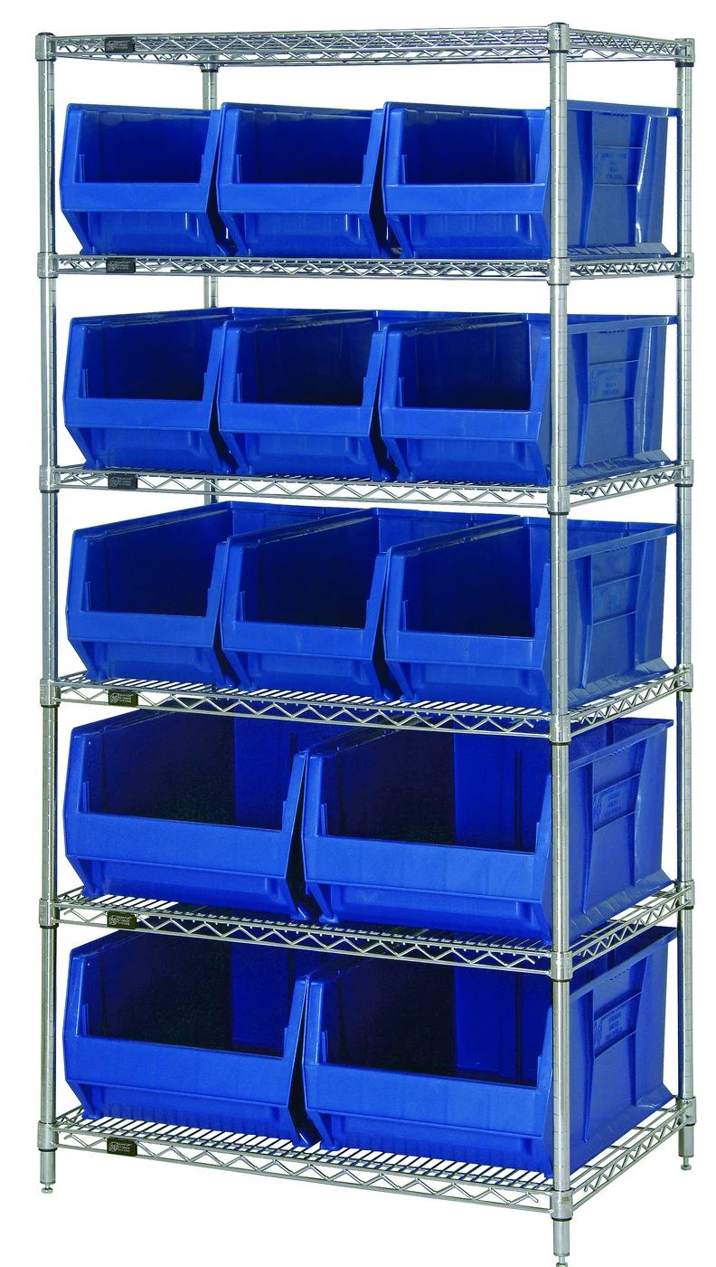 Quantum WR6-973974BL Bin Wire Shelving System, 36"W x 30"D x 74"H, 700 lb capacity, Chrome