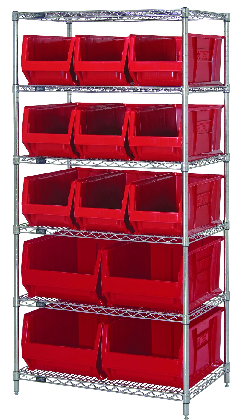 Quantum WR6-973974RD Bin Wire Shelving System, 36"W x 30"D x 74"H, 700 lb capacity, Chrome