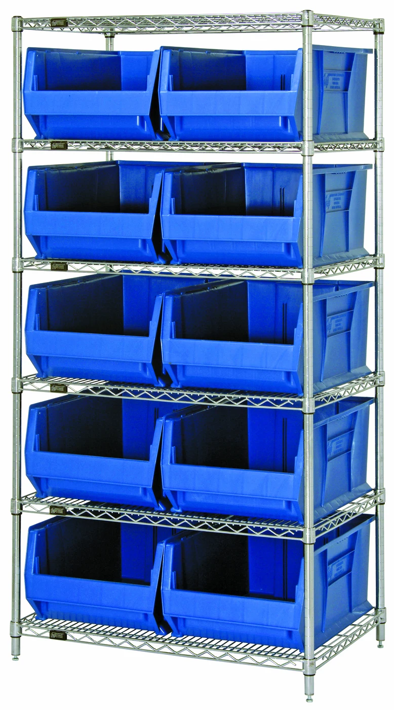 Quantum WR6-974BL Bin Wire Shelving System, 36"W x 30"D x 74"H, 700 lb capacity, Chrome