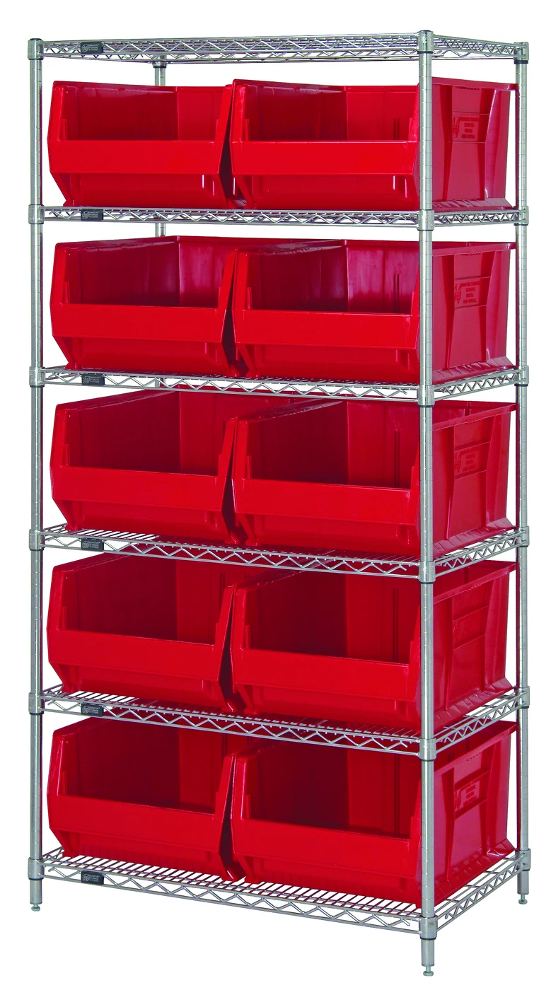 Quantum WR6-974RD Bin Wire Shelving System, 36"W x 30"D x 74"H, 700 lb capacity, Chrome