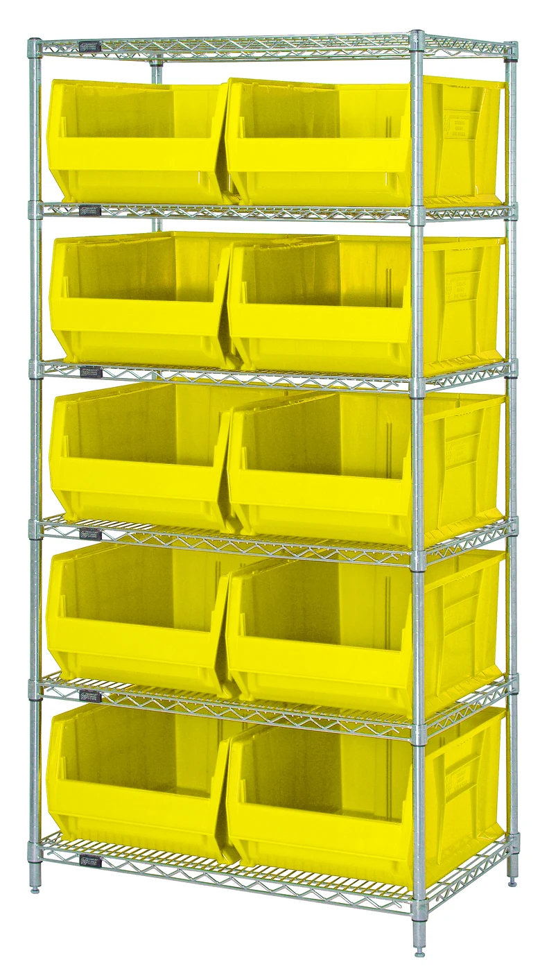 Quantum WR6-974YL Bin Wire Shelving System, 36"W x 30"D x 74"H, 700 lb capacity, Chrome