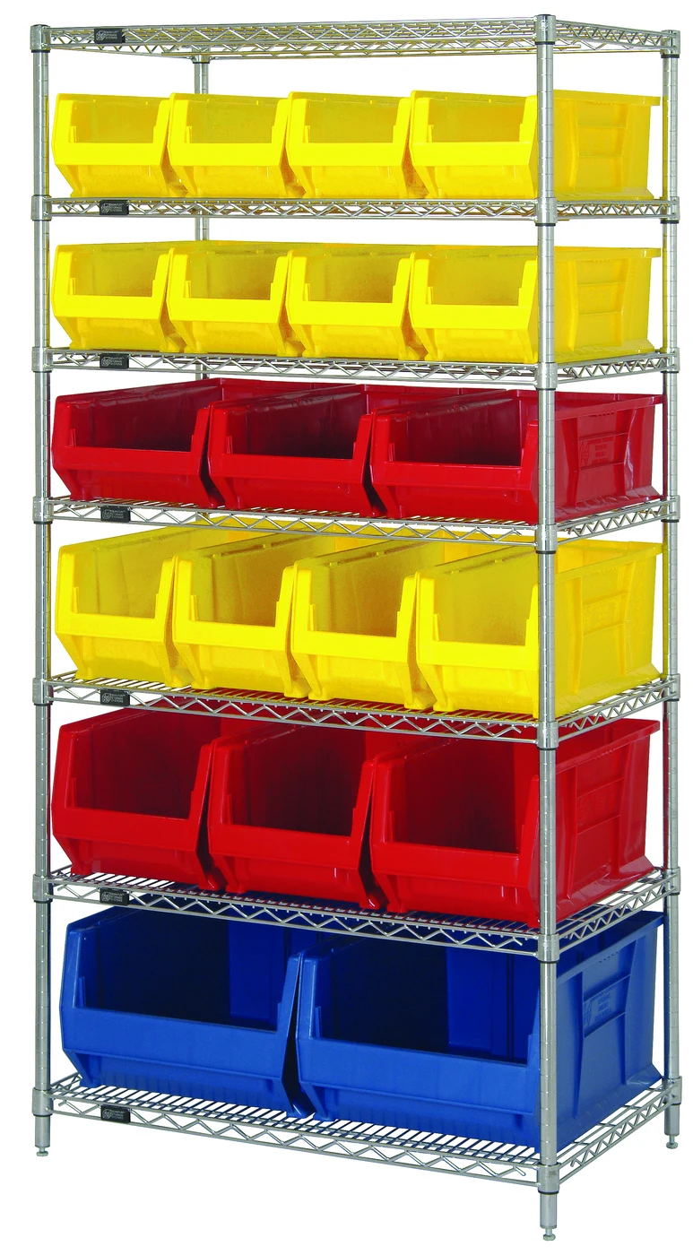 Quantum WR7-20-MIXRD Bin Wire Shelving System, 36"W x 24"D x 74"H, 800 lb capacity, Chrome