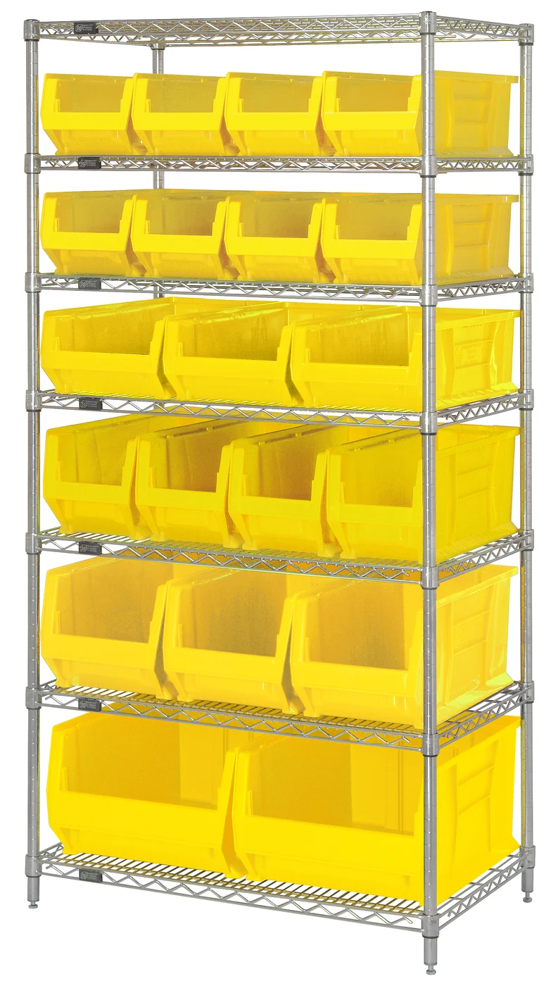 Quantum WR7-20-MIXYL Bin Wire Shelving System, 36"W x 24"D x 74"H, 800 lb capacity, Chrome