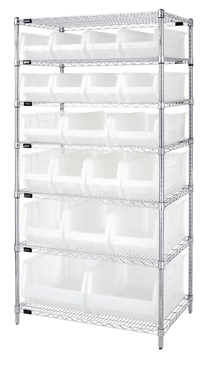 Quantum WR7-20-MIXCL Bin Wire Shelving System, 36"W x 24"D x 74"H, 800 lb capacity, Chrome