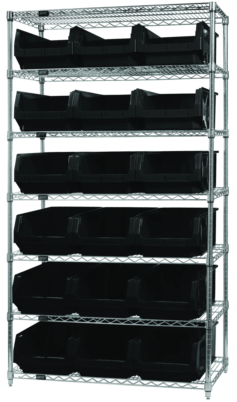 Quantum WR7-532BK Bin Wire Shelving System, 42"W x 18"D x 74"H, 800 lb capacity, Chrome