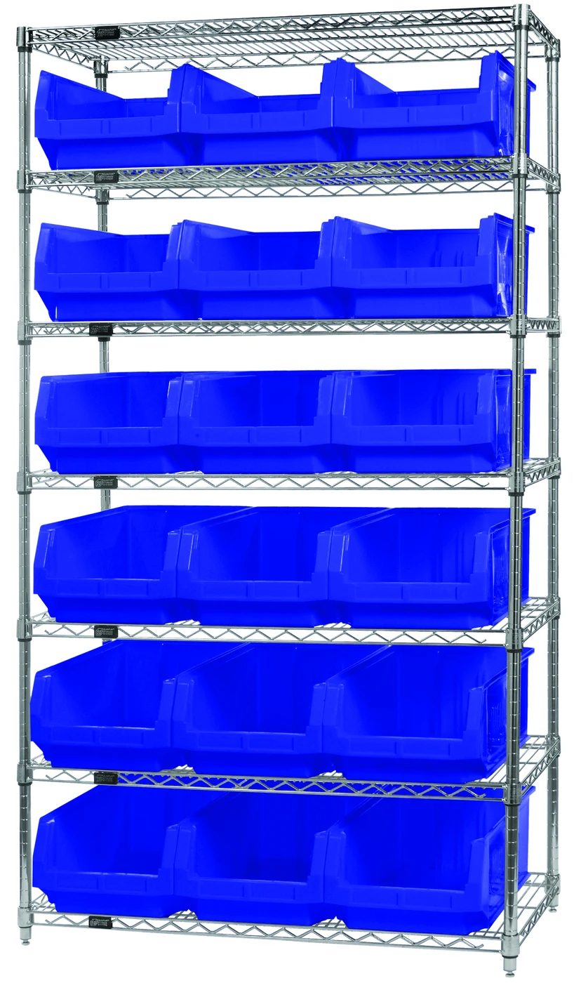 Quantum WR7-532BL Bin Wire Shelving System, 42"W x 18"D x 74"H, 800 lb capacity, Chrome