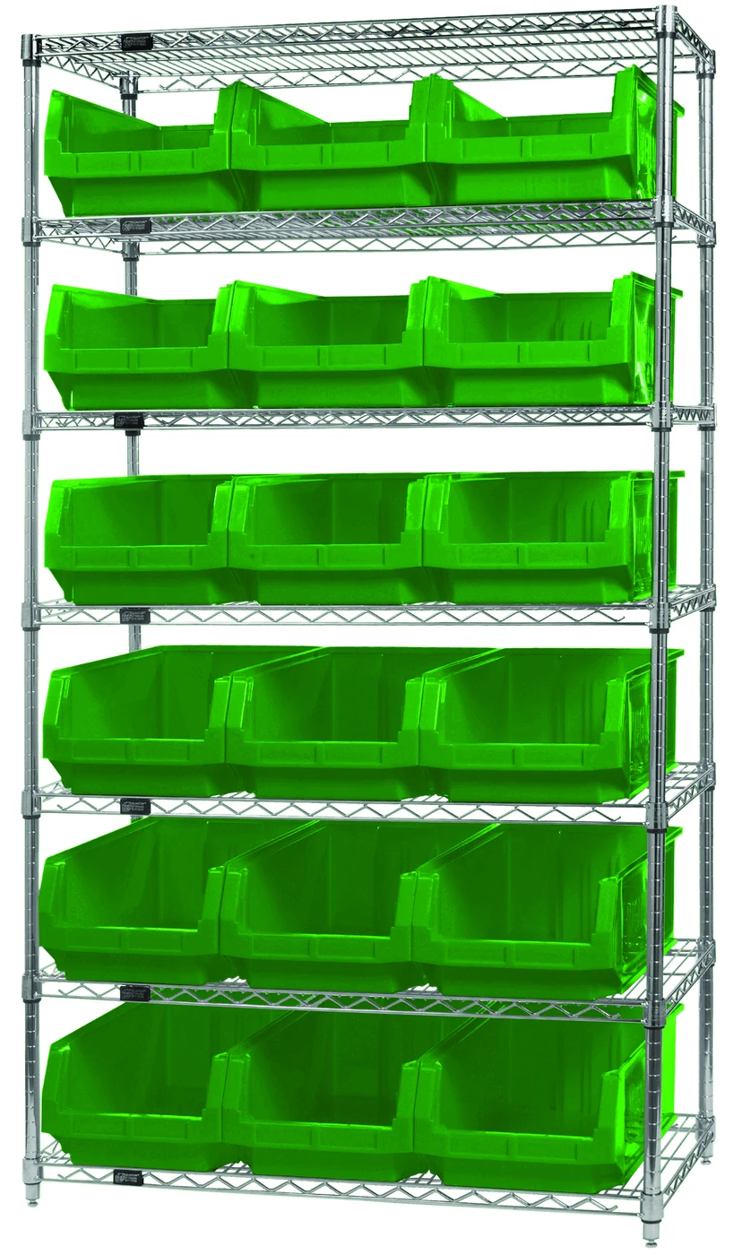 Quantum WR7-532GN Bin Wire Shelving System, 42"W x 18"D x 74"H, 800 lb capacity, Chrome