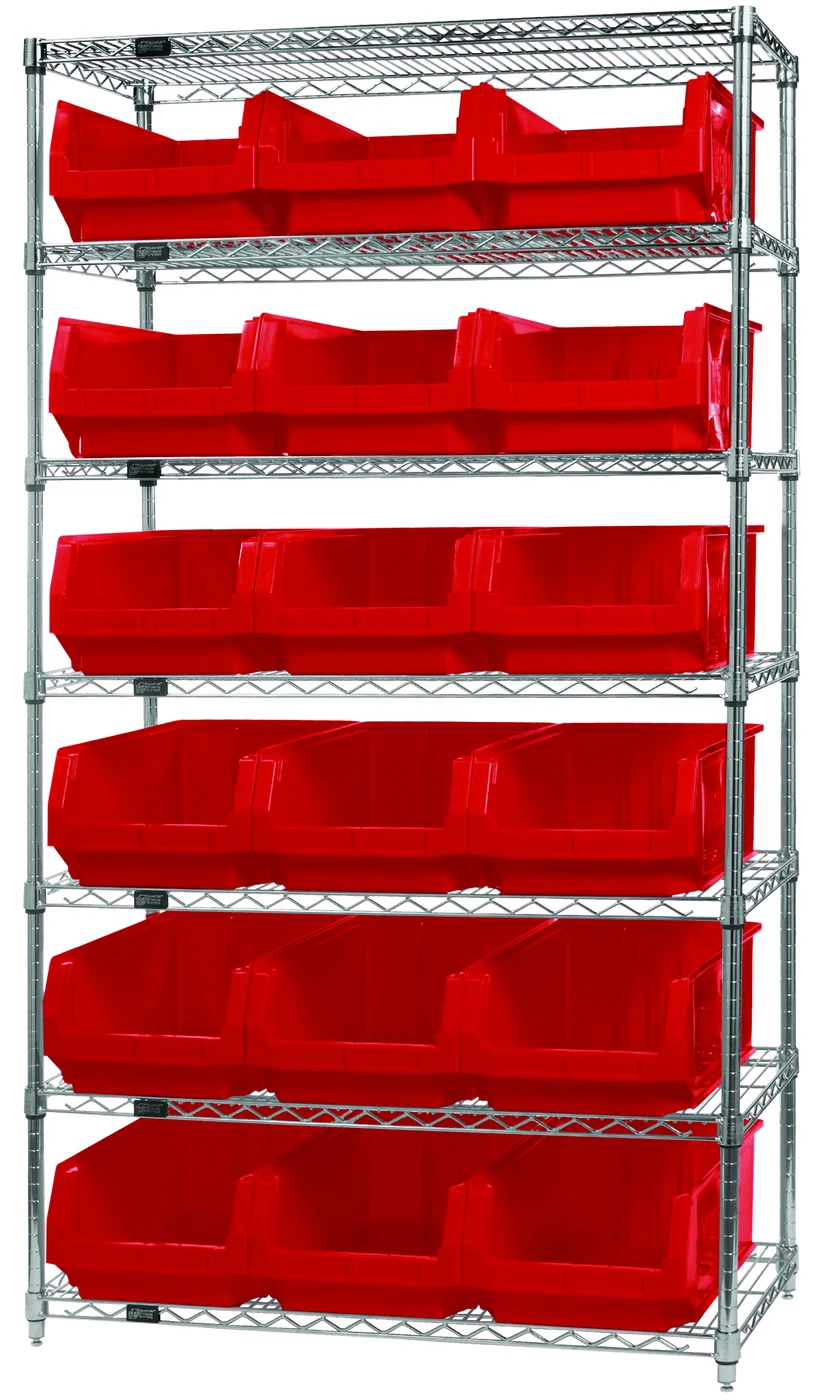 Quantum WR7-532RD Bin Wire Shelving System, 42"W x 18"D x 74"H, 800 lb capacity, Chrome