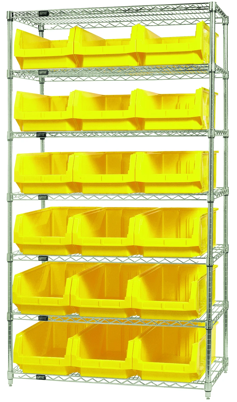 Quantum WR7-532YL Bin Wire Shelving System, 42"W x 18"D x 74"H, 800 lb capacity, Chrome