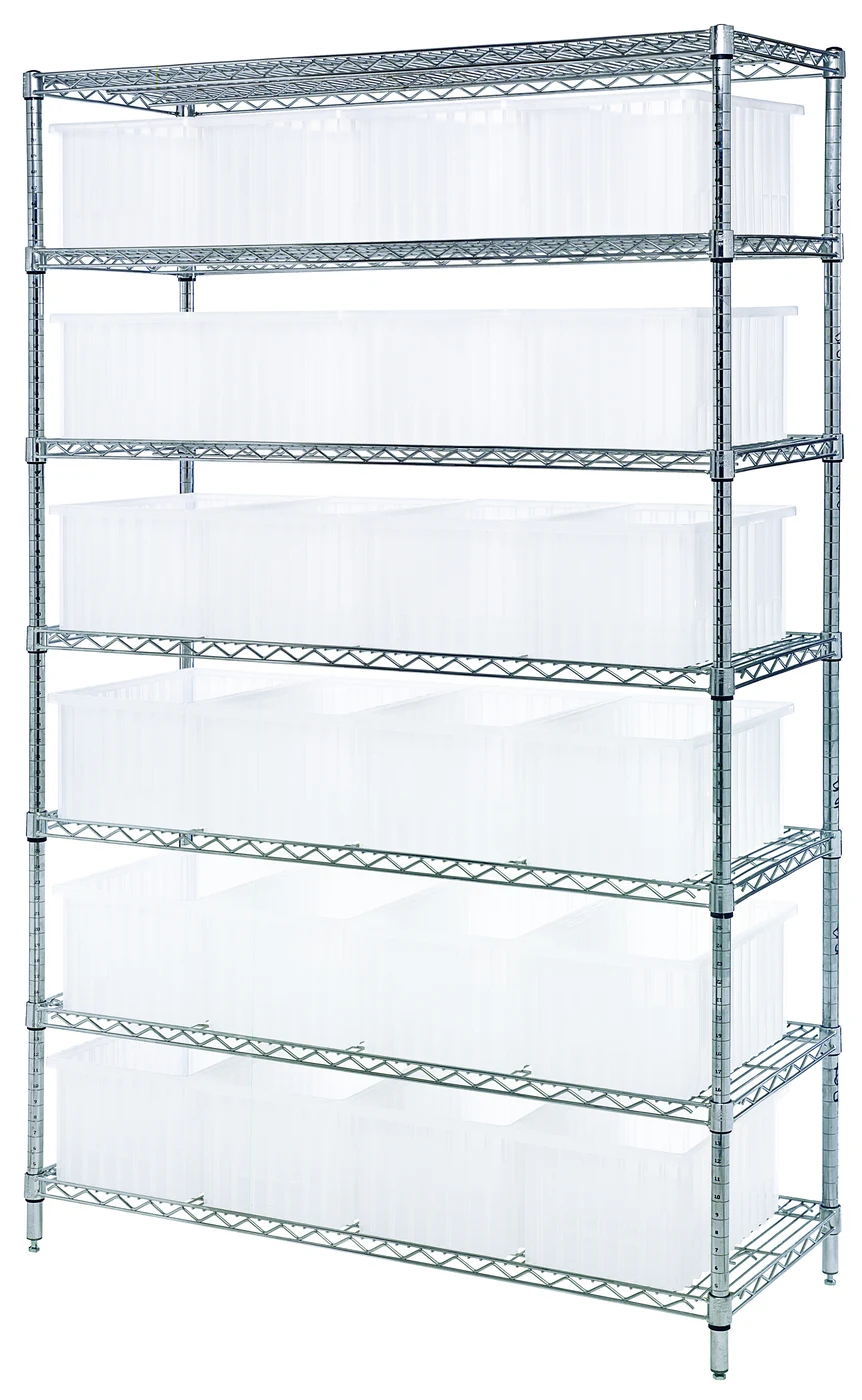 Quantum WR7-92080GY Bin Wire Shelving System, 48"W x 18"D x 74"H, 600-800 lb capacity, Chrome