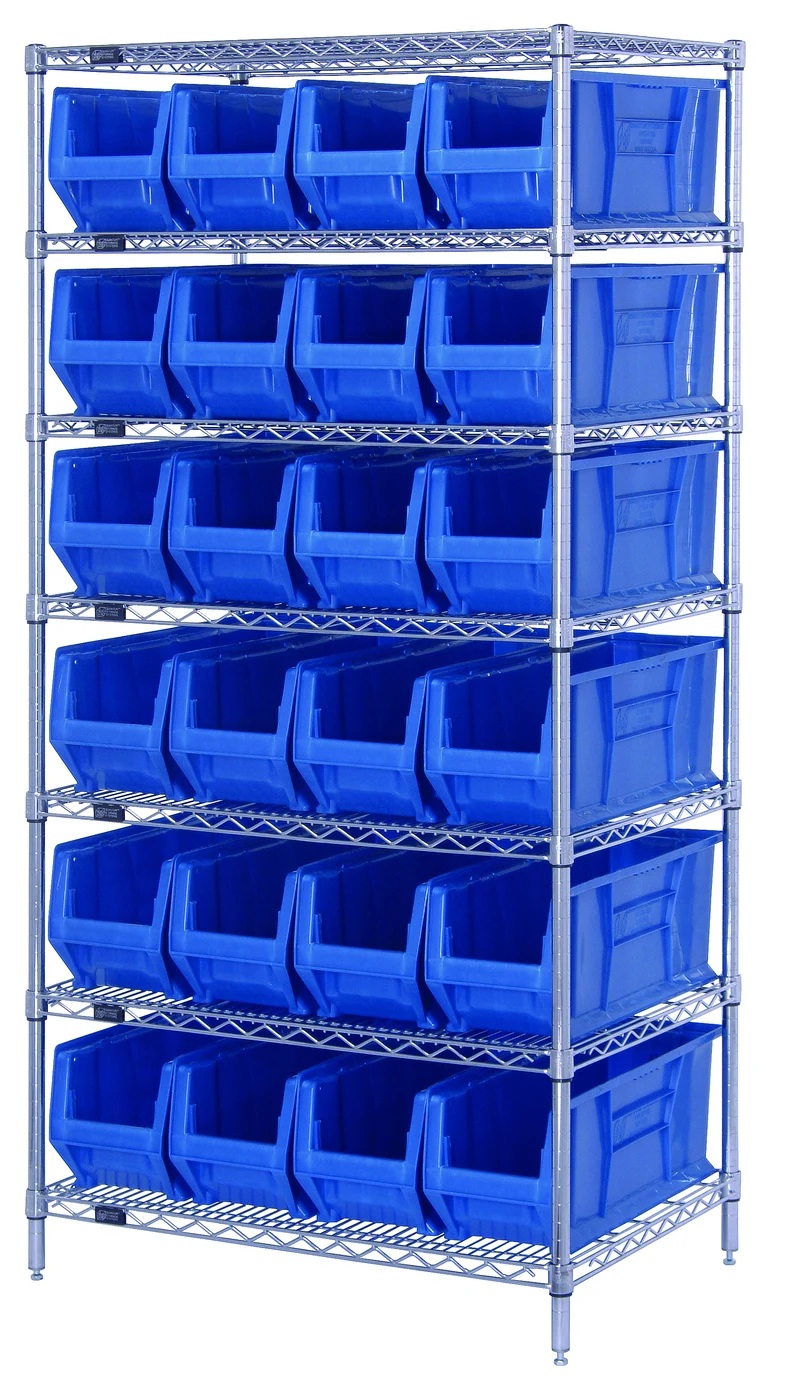Quantum WR7-951BL Wire Shelving Container System, 36"W x 24"D x 74"H, 800 lb capacity, Chrome