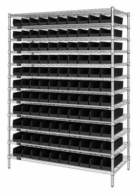 Quantum WR74-1848-110103BK Bin Wire Shelving System, 48"L x 18"D x 74"H, 600-800 lb capacity, Chrome