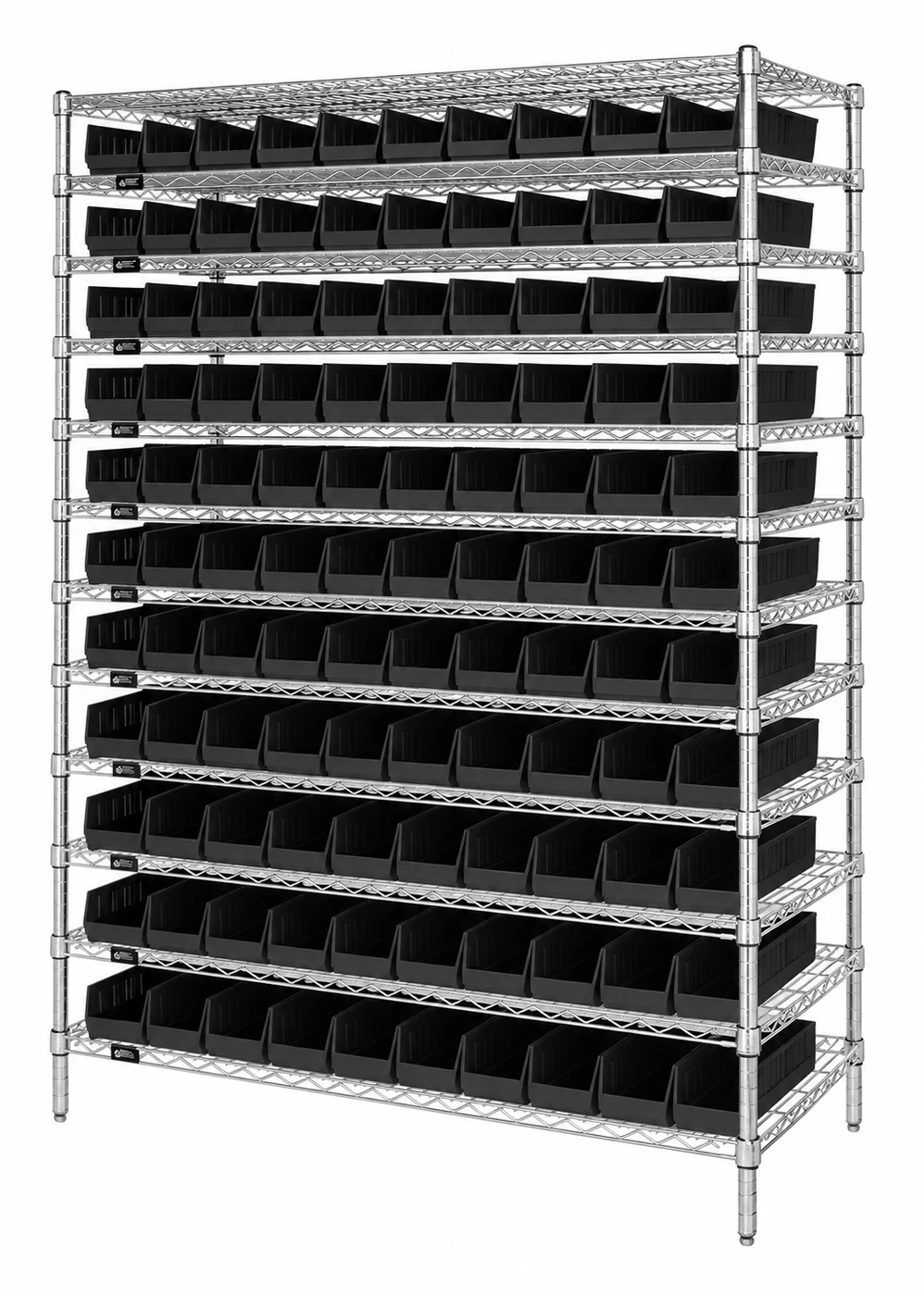 Quantum WR74-1848-110103BK Bin Wire Shelving System, 48"L x 18"D x 74"H, 600-800 lb capacity, Chrome