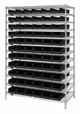Quantum WR74-1848-66104BK Bin Wire Shelving System, 48"L x 18"D x 74"H, 600-800 lb capacity, Chrome