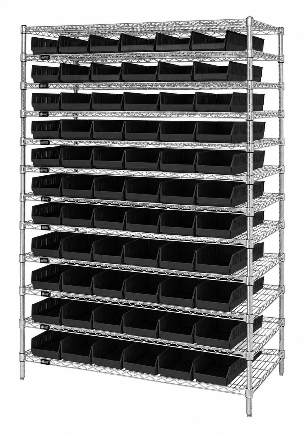 Quantum WR74-1848-66104BK Bin Wire Shelving System, 48"L x 18"D x 74"H, 600-800 lb capacity, Chrome