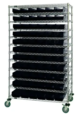 Quantum WR74-2474-105106BK Bin Wire Shelving System, 72"W x 24"D x 74"H, 600 lb capacity, Chrome