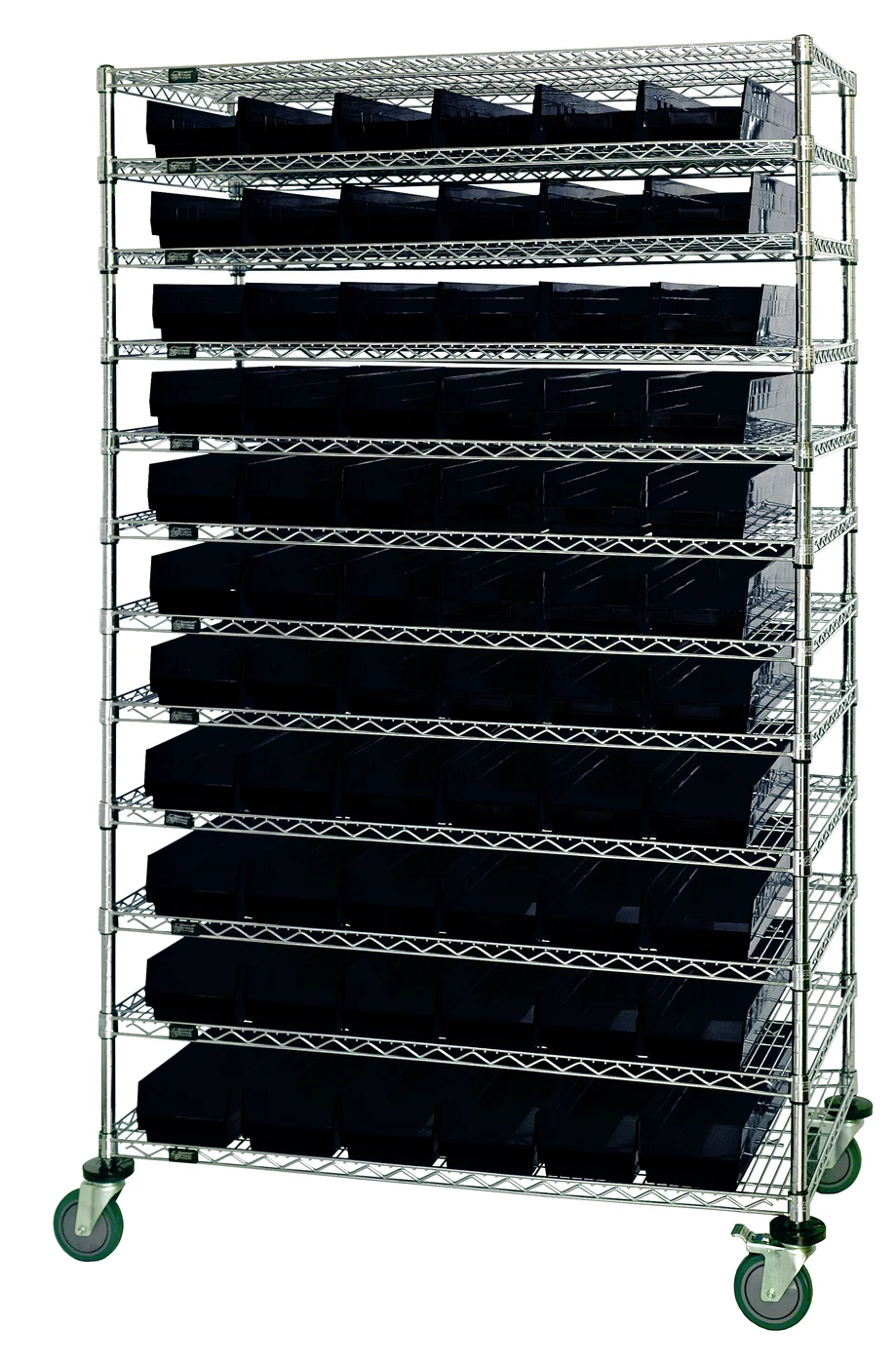 Quantum WR74-1248-101102BK Bin Wire Shelving System, 48"L x 12"D x 74"H, 600-800 lb capacity, Chrome