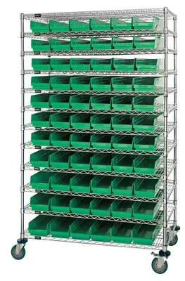Quantum WR74-2474-105106GN Bin Wire Shelving System, 72"W x 24"D x 74"H, 600 lb capacity, Chrome