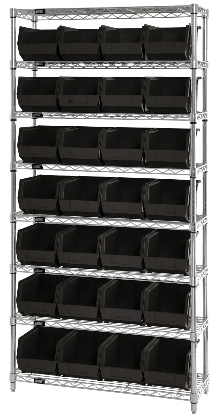 Quantum WR8-239BK Bin Wire Shelving System, 36"W x 12"D x 74"H, 800 lb capacity, Chrome