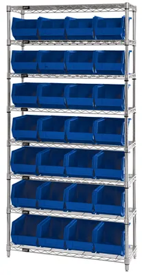 Quantum WR8-239BL Bin Wire Shelving System, 36"W x 12"D x 74"H, 800 lb capacity, Chrome