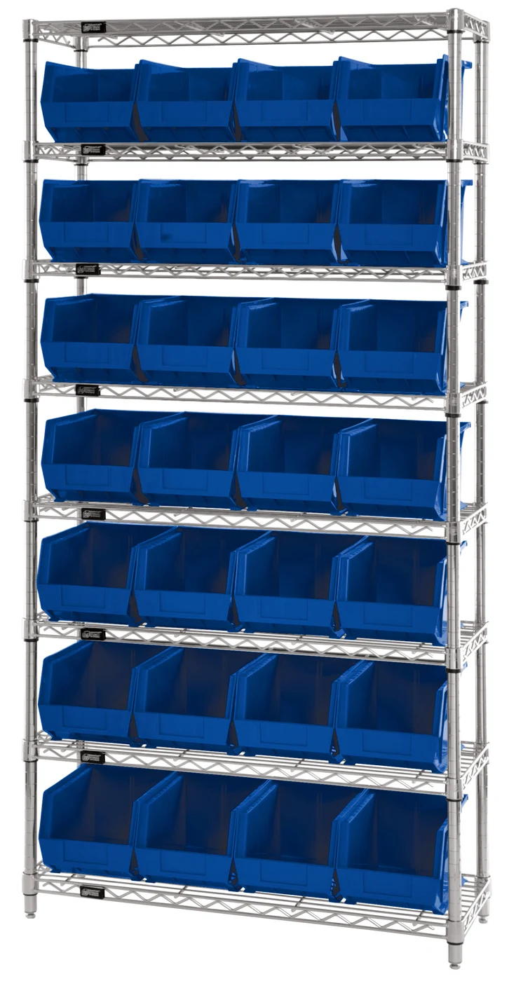Quantum WR8-239BL Bin Wire Shelving System, 36"W x 12"D x 74"H, 800 lb capacity, Chrome