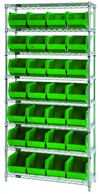 Quantum WR8-239GN Bin Wire Shelving System, 36"W x 12"D x 74"H, 800 lb capacity, Chrome