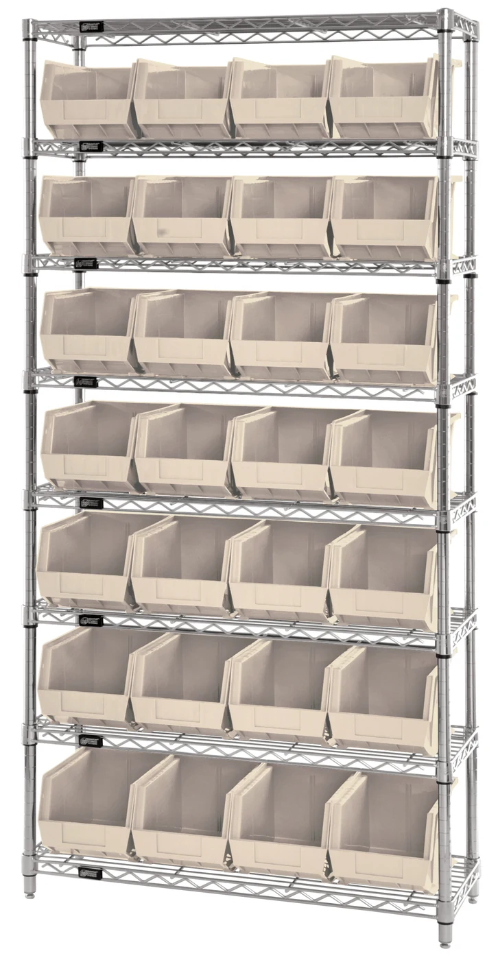 Quantum WR8-239IV Bin Wire Shelving System, 36"W x 12"D x 74"H, 800 lb capacity, Chrome