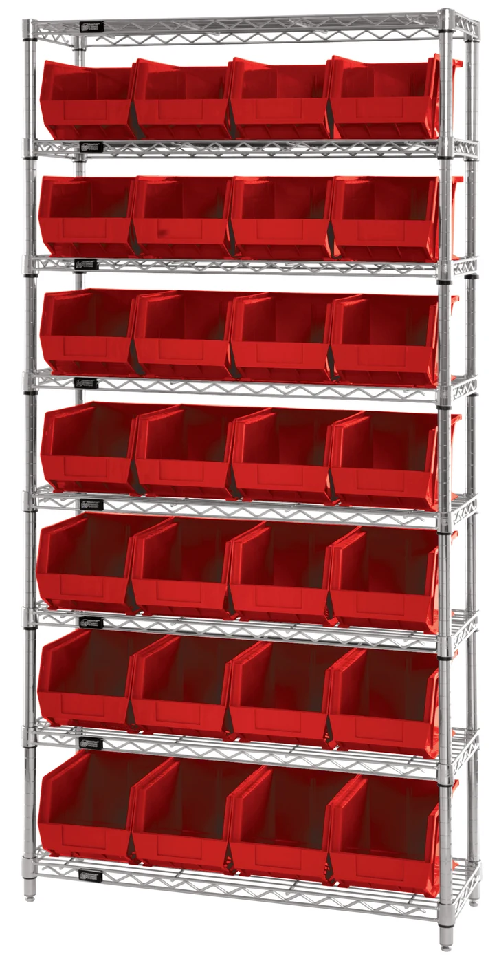Quantum WR8-239RD Bin Wire Shelving System, 36"W x 12"D x 74"H, 800 lb capacity, Chrome