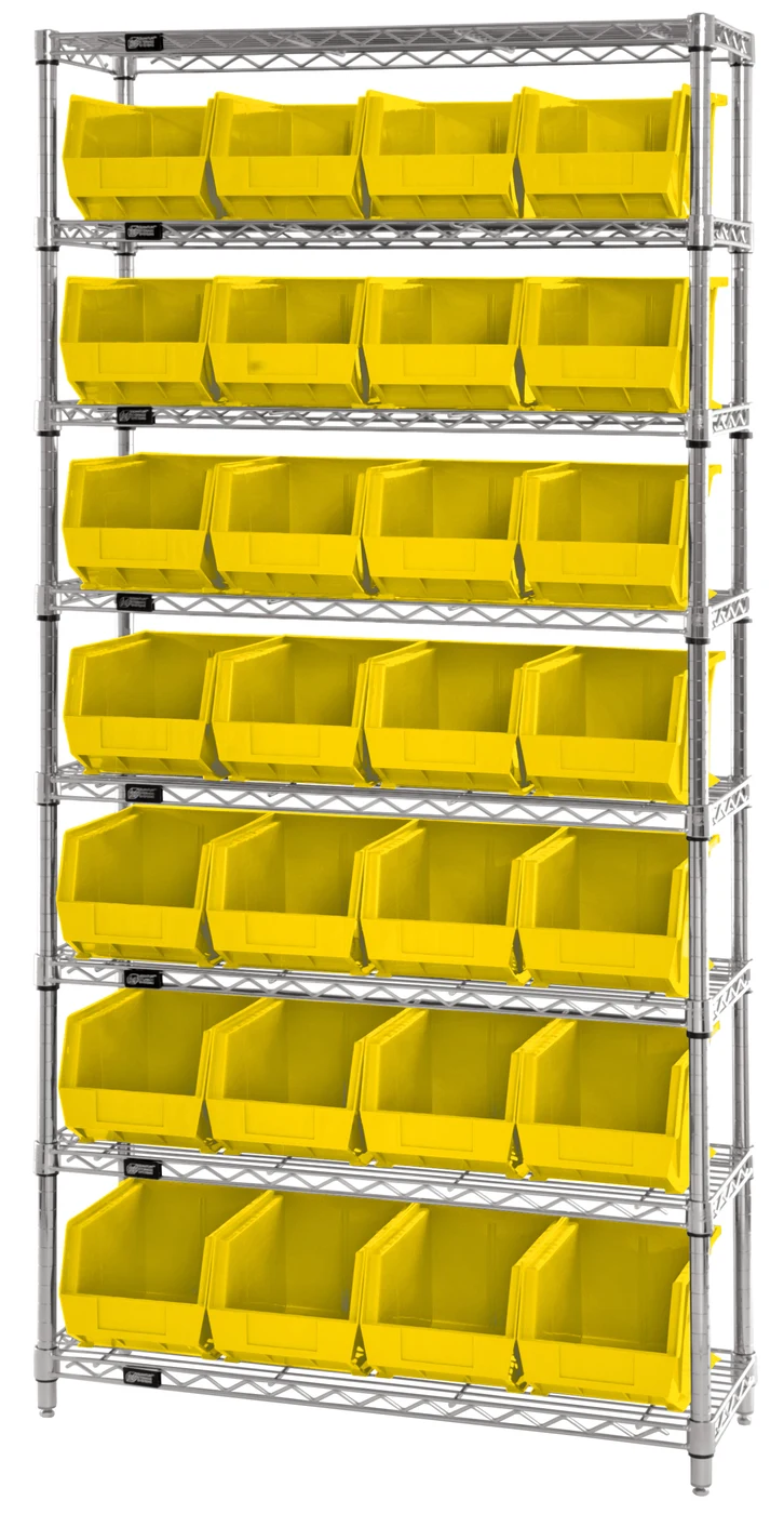 Quantum WR8-239YL Bin Wire Shelving System, 36"W x 12"D x 74"H, 800 lb capacity, Chrome