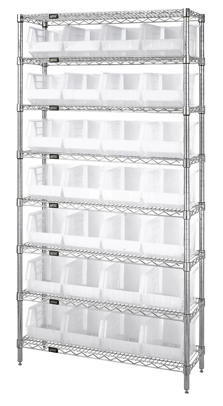 Quantum WR8-239CL Bin Wire Shelving System, 36"W x 12"D x 74"H, 800 lb capacity, Chrome