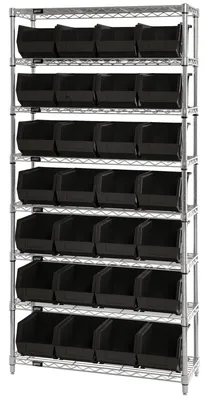 Quantum WR8-240BK Bin Wire Shelving System, 36"W x 14"D x 74"H, 800 lb capacity, Chrome