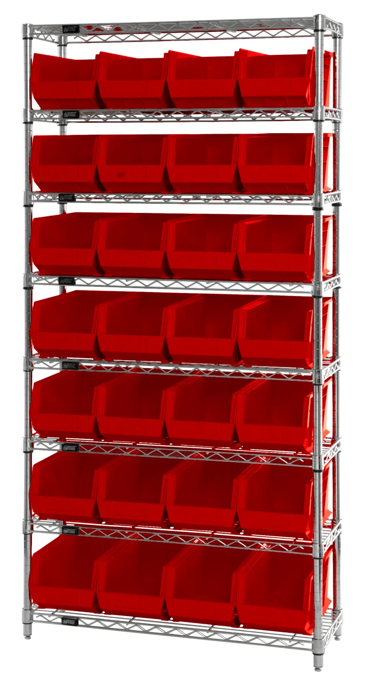 Quantum WR8-240RD Bin Wire Shelving System, 36"W x 14"D x 74"H, 800 lb capacity, Chrome