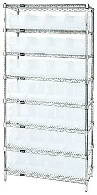 Quantum WR8-240CL Bin Wire Shelving System, 36"W x 14"D x 74"H, 800 lb capacity, Chrome