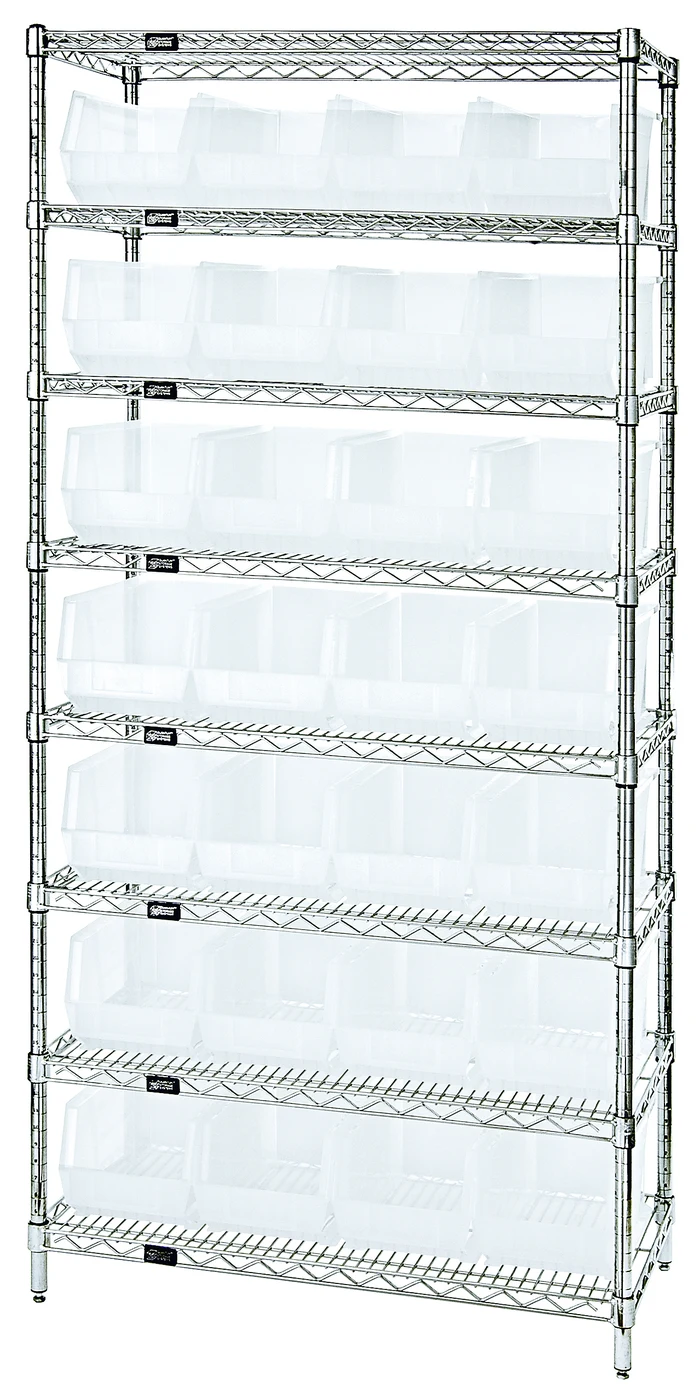 Quantum WR8-240CL Bin Wire Shelving System, 36"W x 14"D x 74"H, 800 lb capacity, Chrome