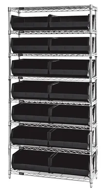 Quantum WR8-250BK Bin Wire Shelving System, 36"W x 14"D x 74"H, 800 lb capacity, Chrome