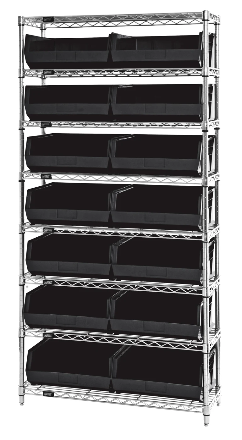 Quantum WR8-250BK Bin Wire Shelving System, 36"W x 14"D x 74"H, 800 lb capacity, Chrome