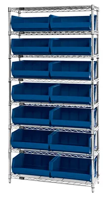 Quantum WR8-250BL Bin Wire Shelving System, 36"W x 14"D x 74"H, 800 lb capacity, Chrome