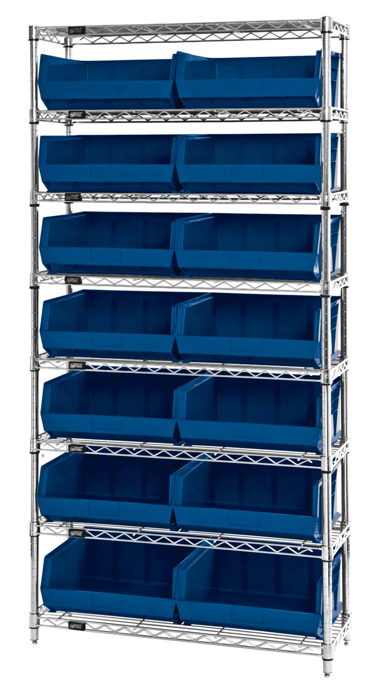 Quantum WR8-250BL Bin Wire Shelving System, 36"W x 14"D x 74"H, 800 lb capacity, Chrome