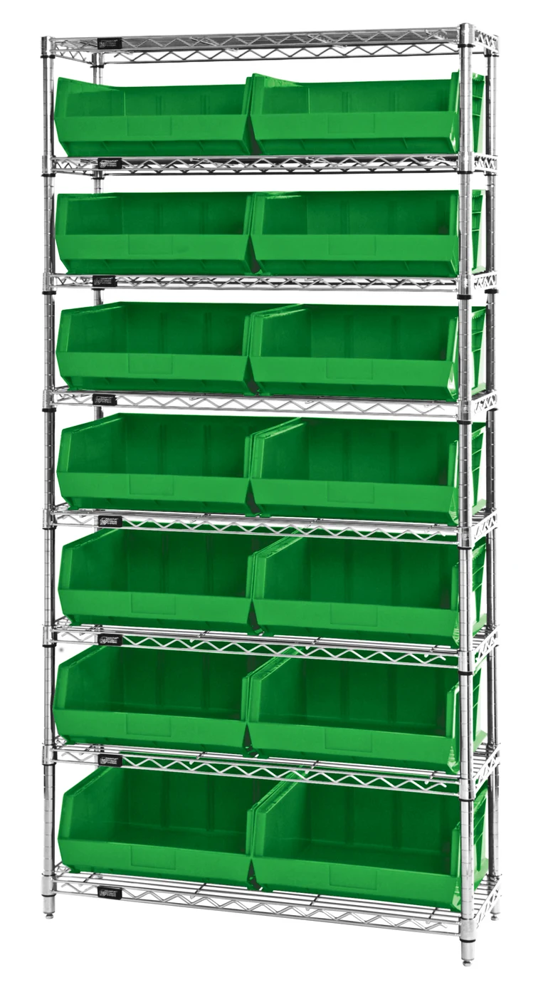 Quantum WR8-250GN Bin Wire Shelving System, 36"W x 14"D x 74"H, 800 lb capacity, Chrome