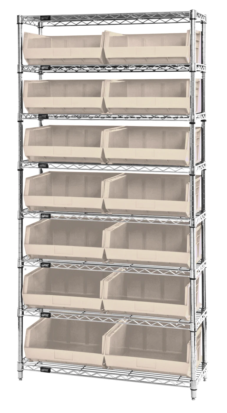 Quantum WR8-250IV Bin Wire Shelving System, 36"W x 14"D x 74"H, 800 lb capacity, Chrome