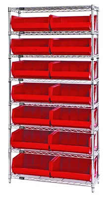 Quantum WR8-250RD Bin Wire Shelving System, 36"W x 14"D x 74"H, 800 lb capacity, Chrome