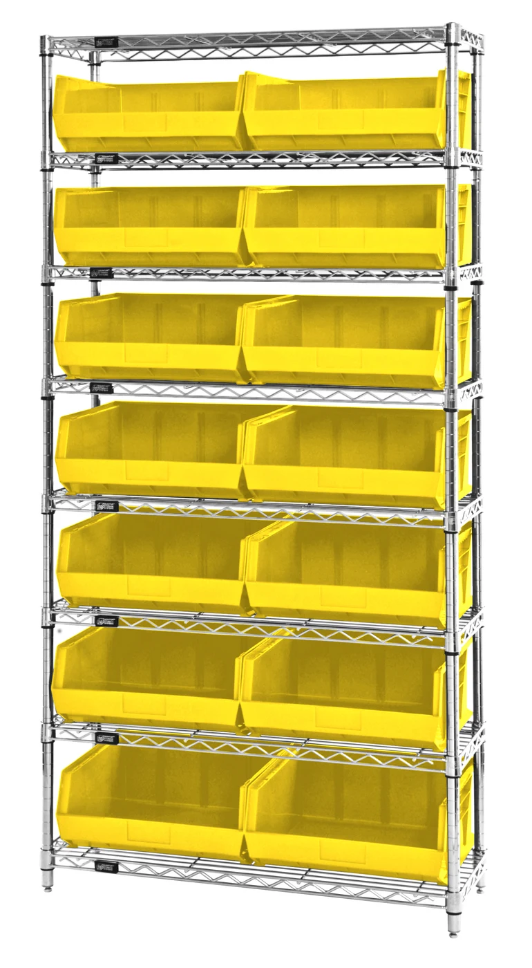 Quantum WR8-250YL Bin Wire Shelving System, 36"W x 14"D x 74"H, 800 lb capacity, Chrome