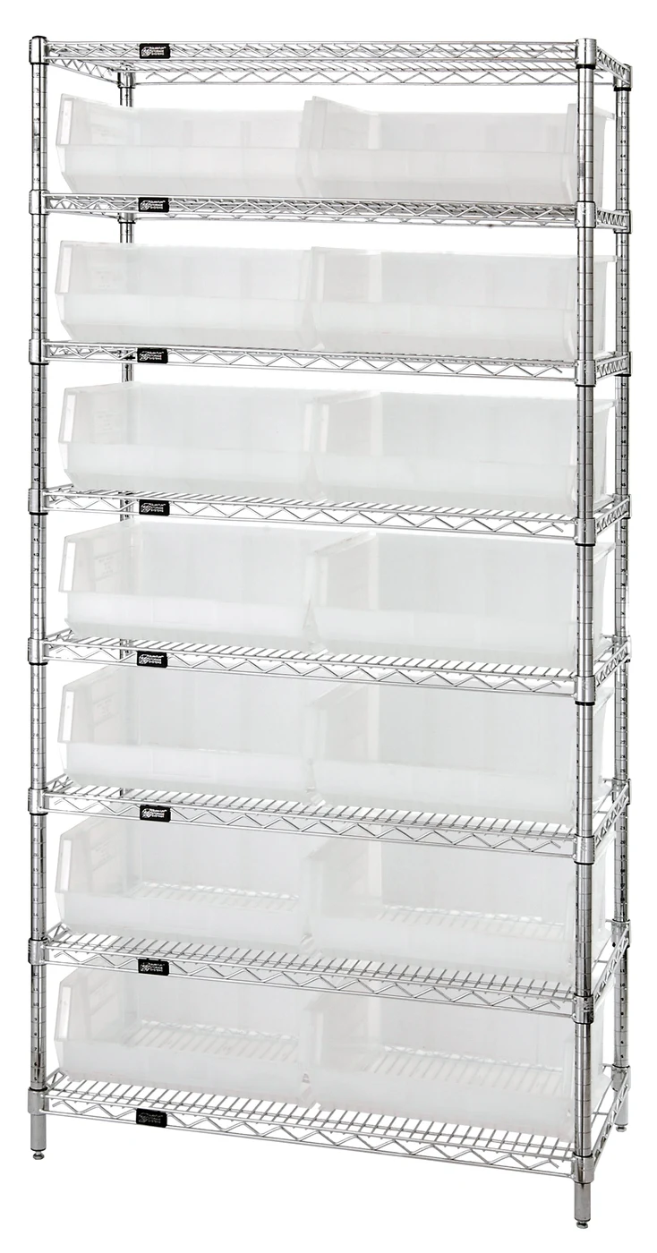 Quantum WR8-250CL Bin Wire Shelving System, 36"W x 14"D x 74"H, 800 lb capacity, Chrome