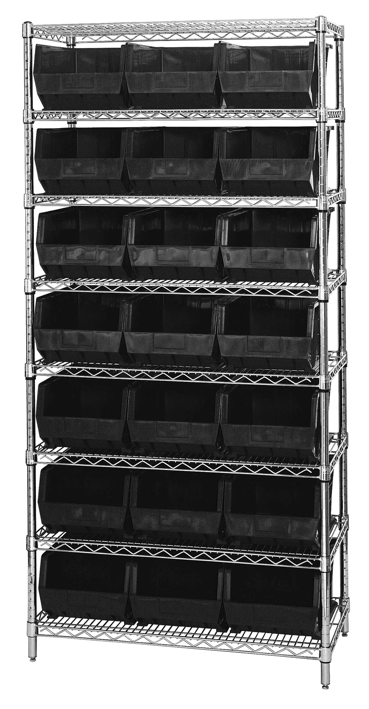 Quantum WR8-255BK Bin Wire Shelving System, 36"W x 18"D x 74"H, 800 lb capacity, Chrome