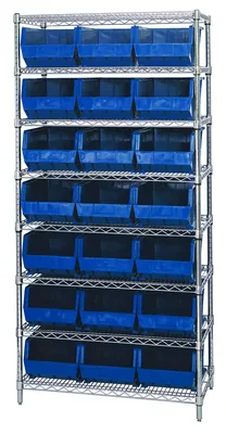 Quantum WR8-255BL Bin Wire Shelving System, 36"W x 18"D x 74"H, 800 lb capacity, Chrome